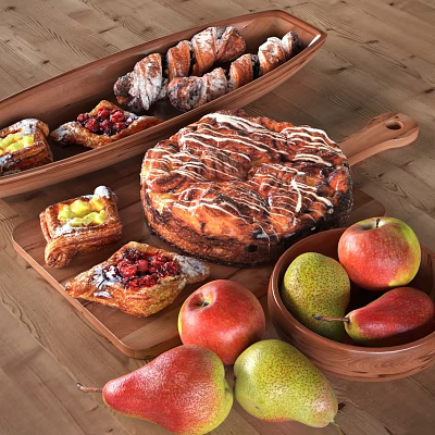 Assorted Fresh Pastries Including Croissants Fruit Tarts Swirl Pastry Apples And Pears On Wooden Tray 3d model