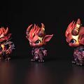 Three Cute Red Demon Game Characters With Flaming Horns And Different Poses