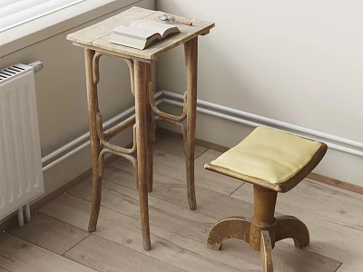 Wooden Bar Stool With Upholstered Seat And Side Table In Home Interior 3d model