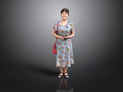Casual Woman Standing In Floral Dress With Hat Red Bag And Sandals 3d model