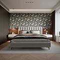 Stylish Bedroom With Grey Headboard Floral Wallpaper Wooden Nightstands And Bench