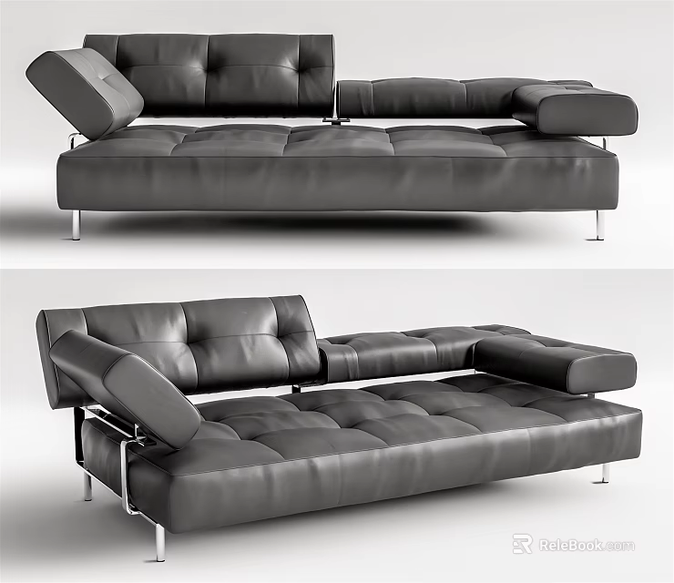 Modern Black Leather Sectional Sofa With Tufted Design And Metal Legs 3d model
