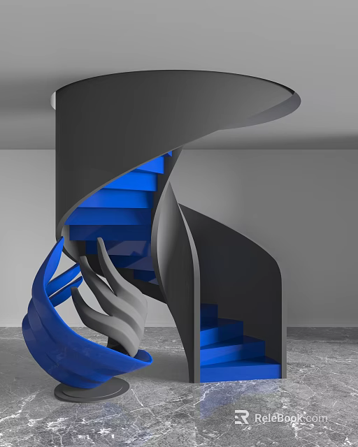 Modern Spiral Staircase With Blue Steps And Gray Railings In Contemporary Interior 3d model 