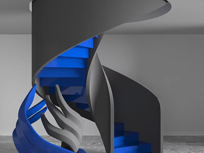 Modern Spiral Staircase With Blue Steps And Gray Railings In Contemporary Interior 3d model