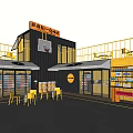 Shipping Container Building With Yellow Exterior Basketball Court And Palm Trees Outdoor Area