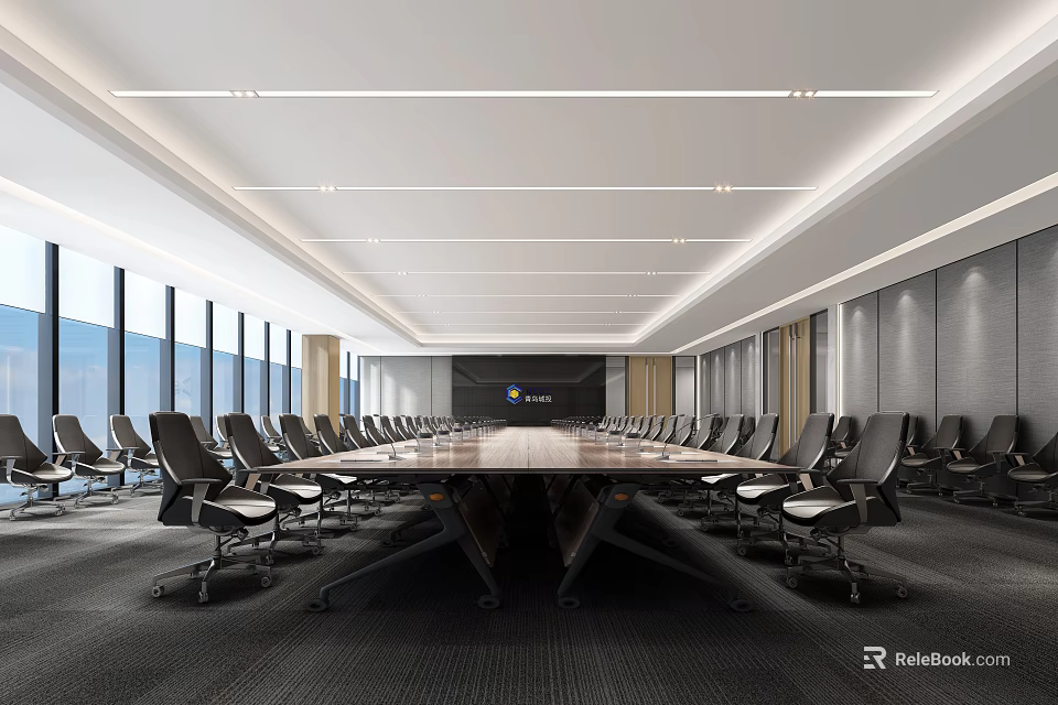 Modern Conference Room Interior With Long Wooden Table Black Office Chairs And Large Windows 3d model 