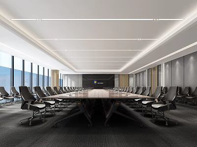 Modern Conference Room Interior With Long Wooden Table Black Office Chairs And Large Windows 3d model