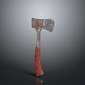 Rusted Axe With Red Handle And Black Yellow Stripes As Ancient Weapon