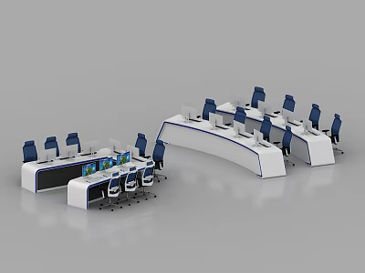 Monitoring Room Interior Design With Curved Control Consoles Ergonomic Chairs And Monitor Screens 3d model