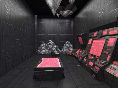 Futuristic Control Room Interior With Textured Black Walls Hanging Rock Structures And Pink Paneled Consoles 3d model