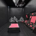 Futuristic Control Room Interior With Textured Black Walls Hanging Rock Structures And Pink Paneled Consoles