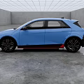 Blue Compact Hatchback With Modern Design Black Alloy Wheels Red Trim Accents And Minimalist Interior Background
