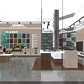 Elegant Modern Store Interior With Display Area Sofa Green Plants And Marble Countertop Display Cabinets