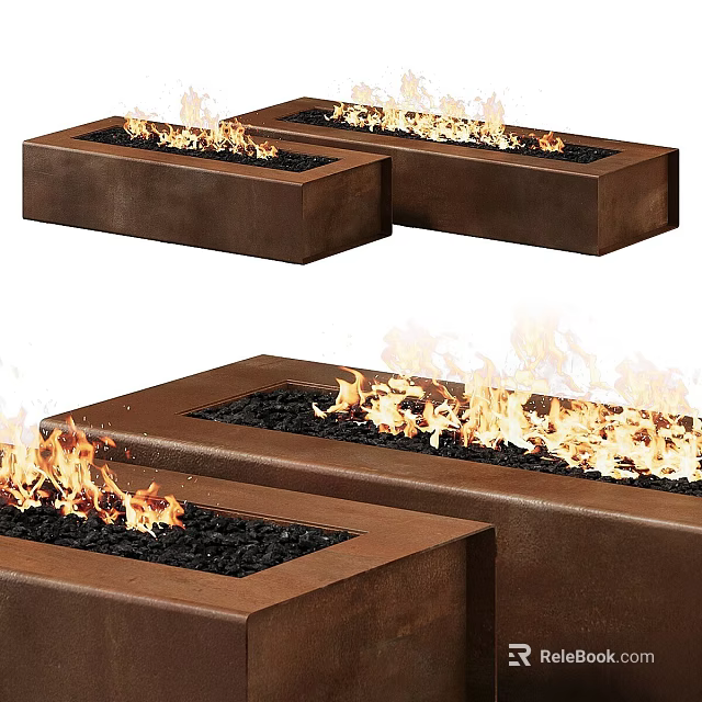 Brown Rectangular Fire Pits With Burning Flames And Black Gravel 3d model