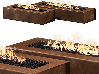 Brown Rectangular Fire Pits With Burning Flames And Black Gravel 3d model