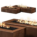 Brown Rectangular Fire Pits With Burning Flames And Black Gravel 3d model