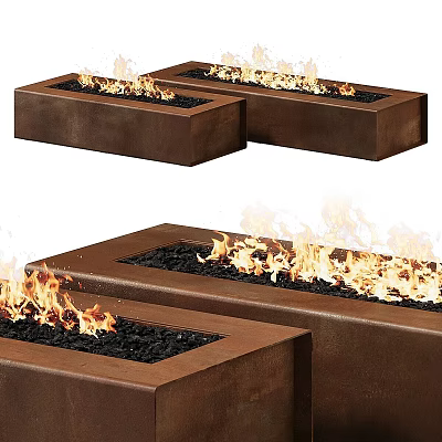 Brown Rectangular Fire Pits With Burning Flames And Black Gravel 3d model