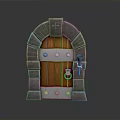 Medieval Stone Archway Structure With Wooden Door Metal Rivets And Cross Decoration