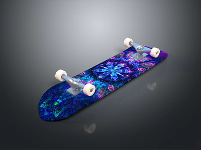 Vibrant Colorful Skateboard With Blue Purple Cosmic Pattern White Wheels And Metal Trucks 3d model