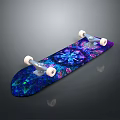 Vibrant Colorful Skateboard With Blue Purple Cosmic Pattern White Wheels And Metal Trucks