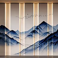 Ink Painting Style Wall Decor With Blue Mountains Flying Birds And Vertical Light Strips