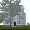 Two Story Detached Villa With White Exterior Blue Roof Arched Windows Lawn And Purple Flowers
