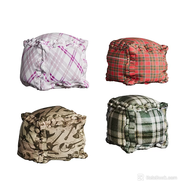 Comfortable Bean Bag Chairs With Various Plaid And Camouflage Patterns For Home Seating 3d model 