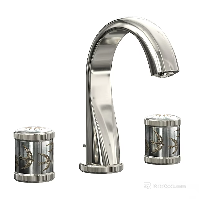 Modern Chrome Bathroom Faucet Featuring Elegant Curved Spout And Decorative Handles Design 3d model 