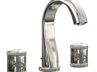 Modern Chrome Bathroom Faucet Featuring Elegant Curved Spout And Decorative Handles Design 3d model