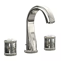 Modern Chrome Bathroom Faucet Featuring Elegant Curved Spout And Decorative Handles Design