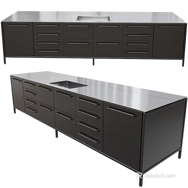 Modern Black Kitchen Cabinets With Drawers Doors And Stainless Steel Sink Countertop 3d model 