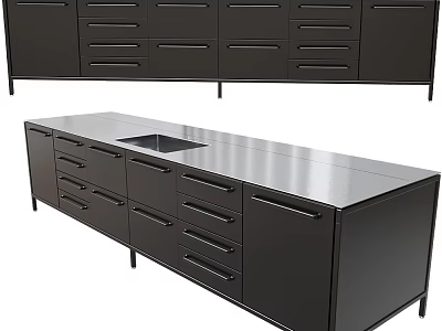 Modern Black Kitchen Cabinets With Drawers Doors And Stainless Steel Sink Countertop 3d model