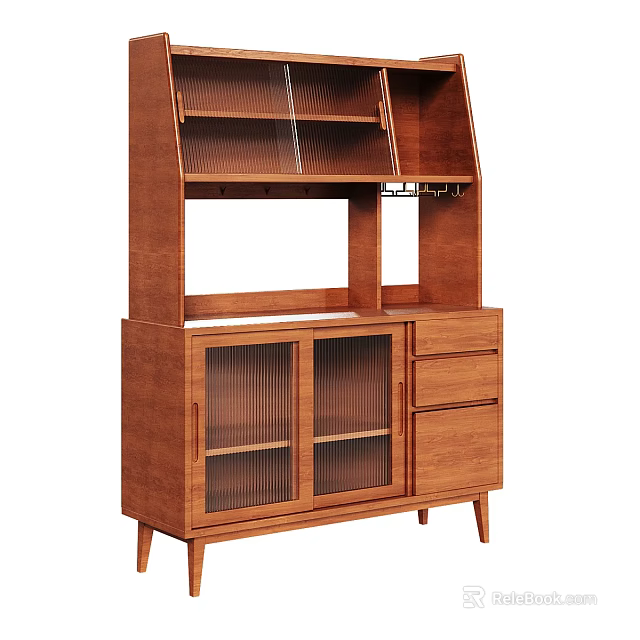 Wooden Sideboard With Glass Doors Drawers Open Shelves And Storage Space 3d model 