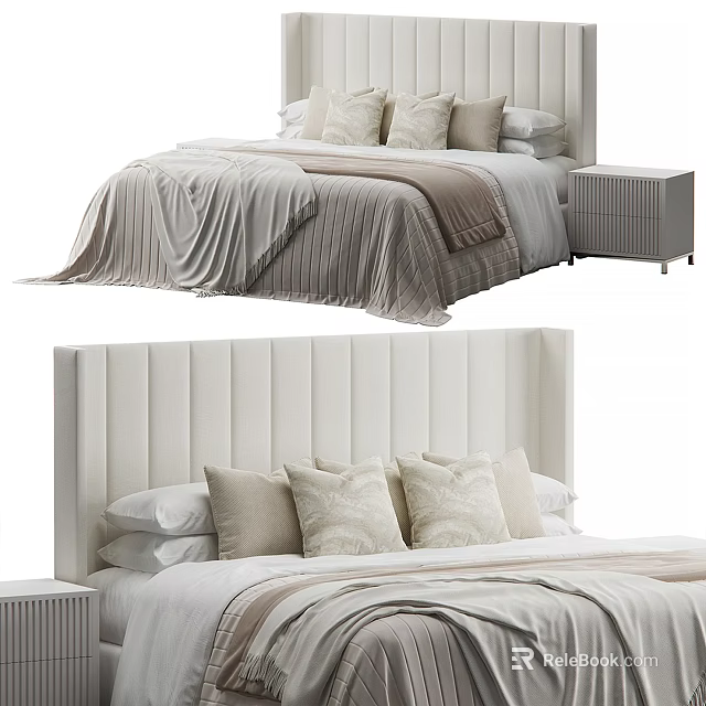 Modern Double Bed With Upholstered Headboard Light Bedding Pillows And Nightstand 3d model 