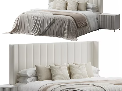 Modern Double Bed With Upholstered Headboard Light Bedding Pillows And Nightstand 3d model