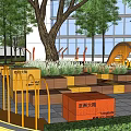 Outdoor Children's Play Area With Wooden Crates Orange Yellow Structures And Green Plants
