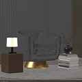 Modern Table Lamp on Wooden Side Table with Fuzzy Black Armchair and Stack of Books