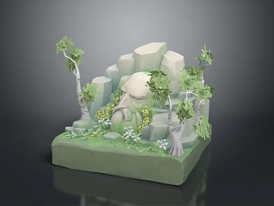 Wood And Stone Natural Decorative Scene With Trees Rocks Greenery And Small Flowers 3d model