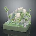 Wood And Stone Natural Decorative Scene With Trees Rocks Greenery And Small Flowers