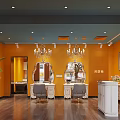 Elegant Beauty Hair Salon Interior With Orange Walls Gray Ceiling White Vanities Mirrors And Chairs