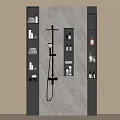 Stylish Modern Bathroom Interior With Showerhead Wall Shelves Towels And Toiletries