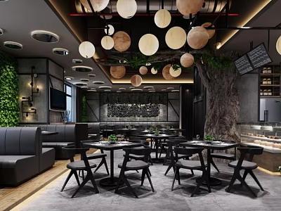 Modern Restaurant Interior With Circular Pendant Lights Black Tables Chairs Green Plant Wall Tree Trunk 3d model