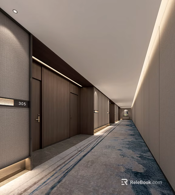 Hotel Corridor With Wooden Doors Room Numbers Blue Gray Carpet And Beige Walls Lighting 3d model 
