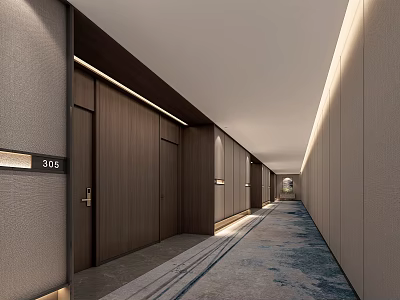 Hotel Corridor With Wooden Doors Room Numbers Blue Gray Carpet And Beige Walls Lighting 3d model