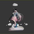 Game Anime Character Long Hair Blue Pink Outfit Holding Staff Small Animal On Cloud Platform