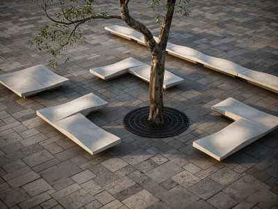 Tree Pit with Circular Grate and Stone Benches in Paved Urban Area 3d model