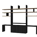 Modern Minimalist TV Stand with Black Frame Light Wood Shelves and Vertical Slat Cabinet