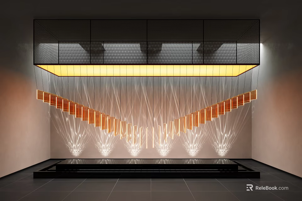 Modern Decorative Light with Black Grid Structure Slender Strings and Radiant Effect in Minimalist Interior 3d model