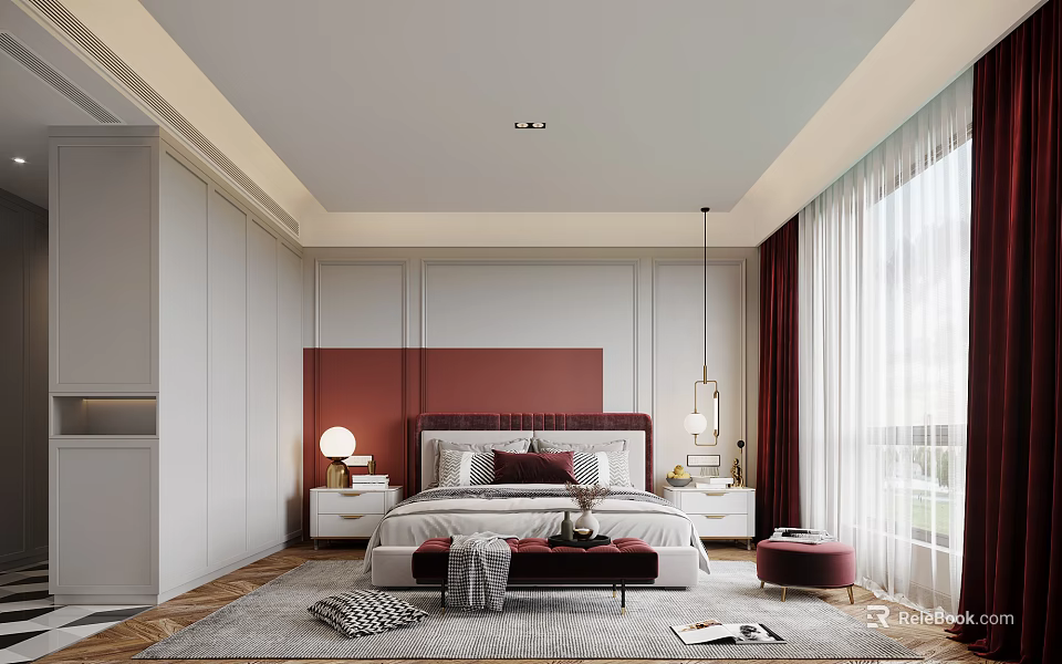 Modern Bedroom Interior With Red Accent Wall White Wardrobes And Pendant Lighting 3d model 