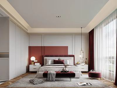 Modern Bedroom Interior With Red Accent Wall White Wardrobes And Pendant Lighting 3d model